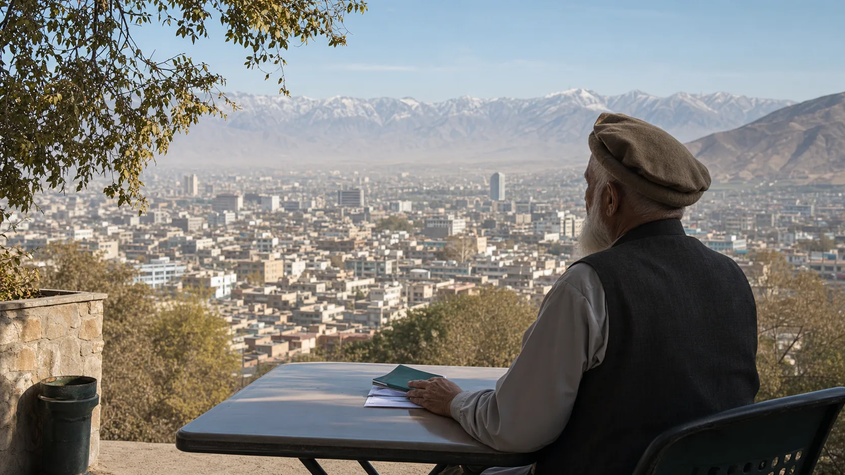 Image editoriale generee par IA d'un resident afghan age regardant Kaboul pour le systeme de retraite afghan