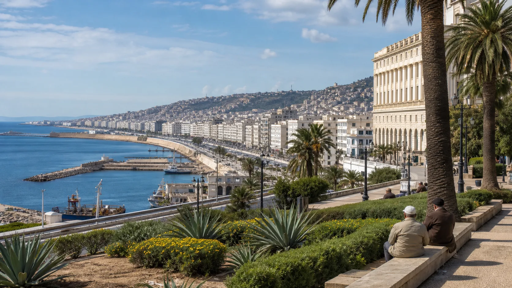 AI-generated editorial image of Algiers civic waterfront for the Algerian pension system