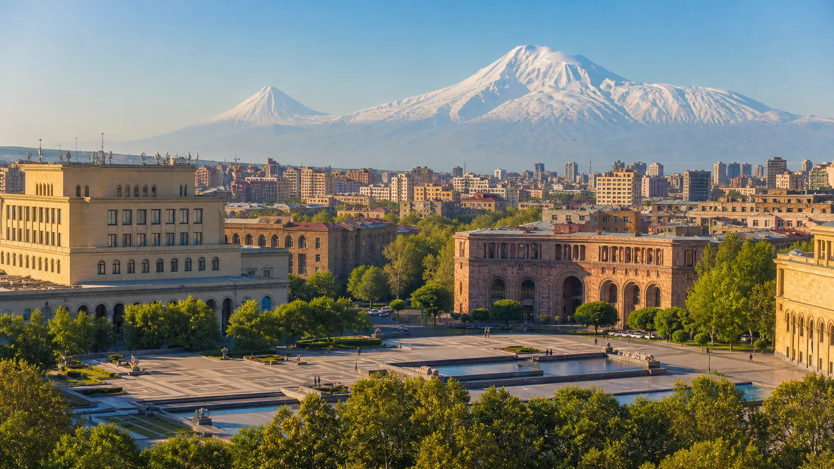 AI-generated editorial image of Yerevan and Mount Ararat for the Armenian pension system