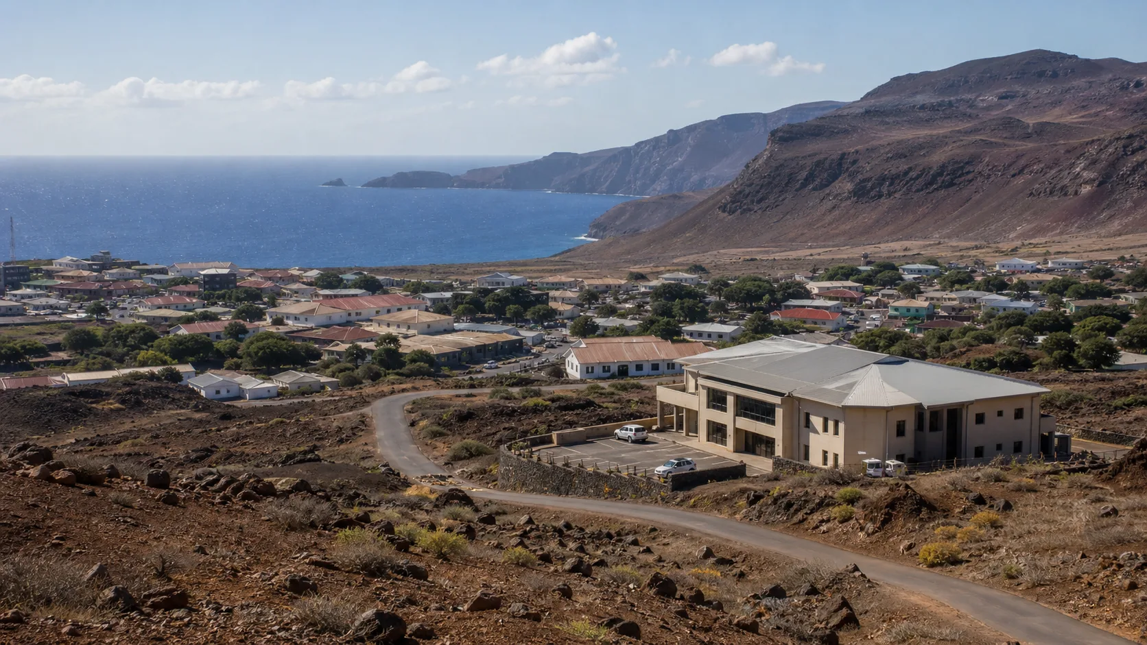 Image editoriale generee par IA de Georgetown et de la cote volcanique pour le systeme de retraite d'Ascension Island