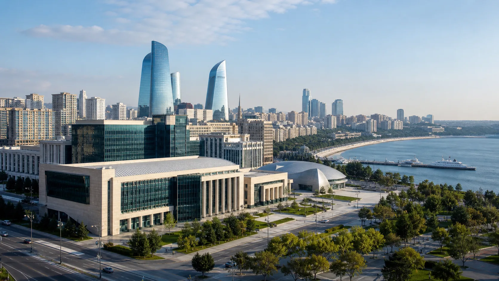 AI-generated editorial image of Baku civic and Caspian waterfront for the Azerbaijani pension system