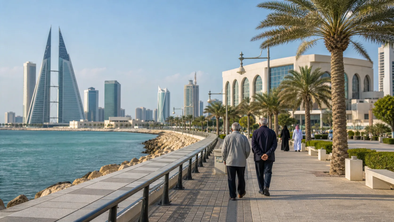 AI-generated editorial image of Manama civic waterfront for the Bahraini pension system