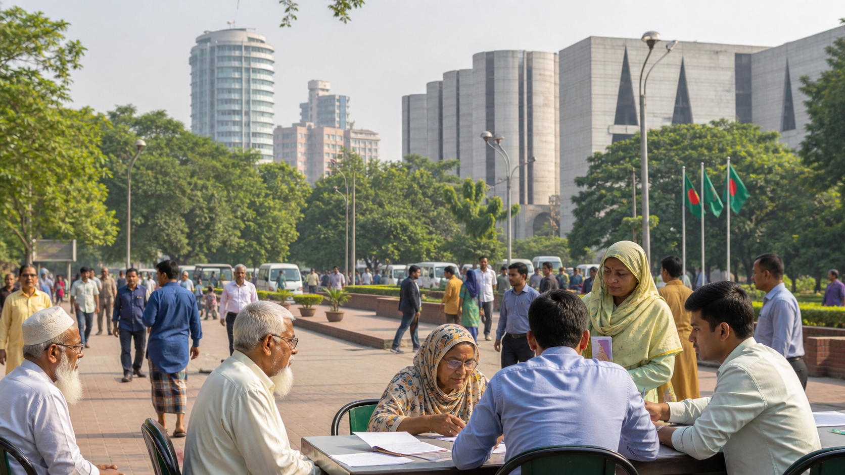 Editorial raster image of Dhaka civic buildings for the Bangladeshi pension system