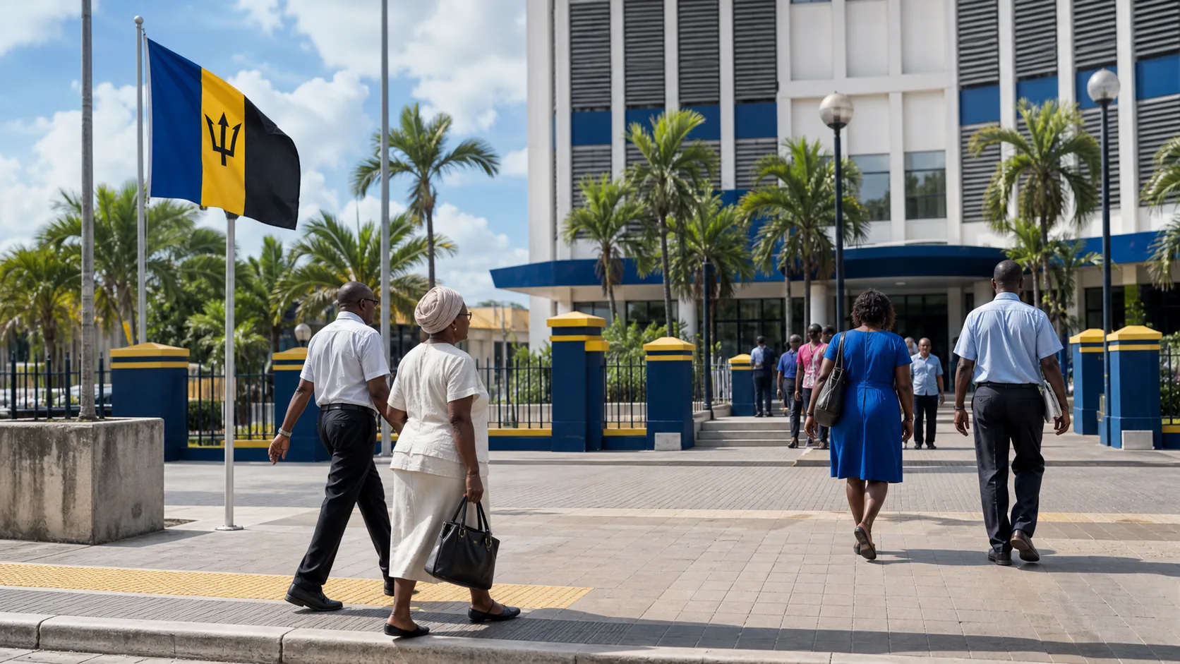Image raster éditoriale des bâtiments civiques de Bridgetown pour le système de retraite barbadien
