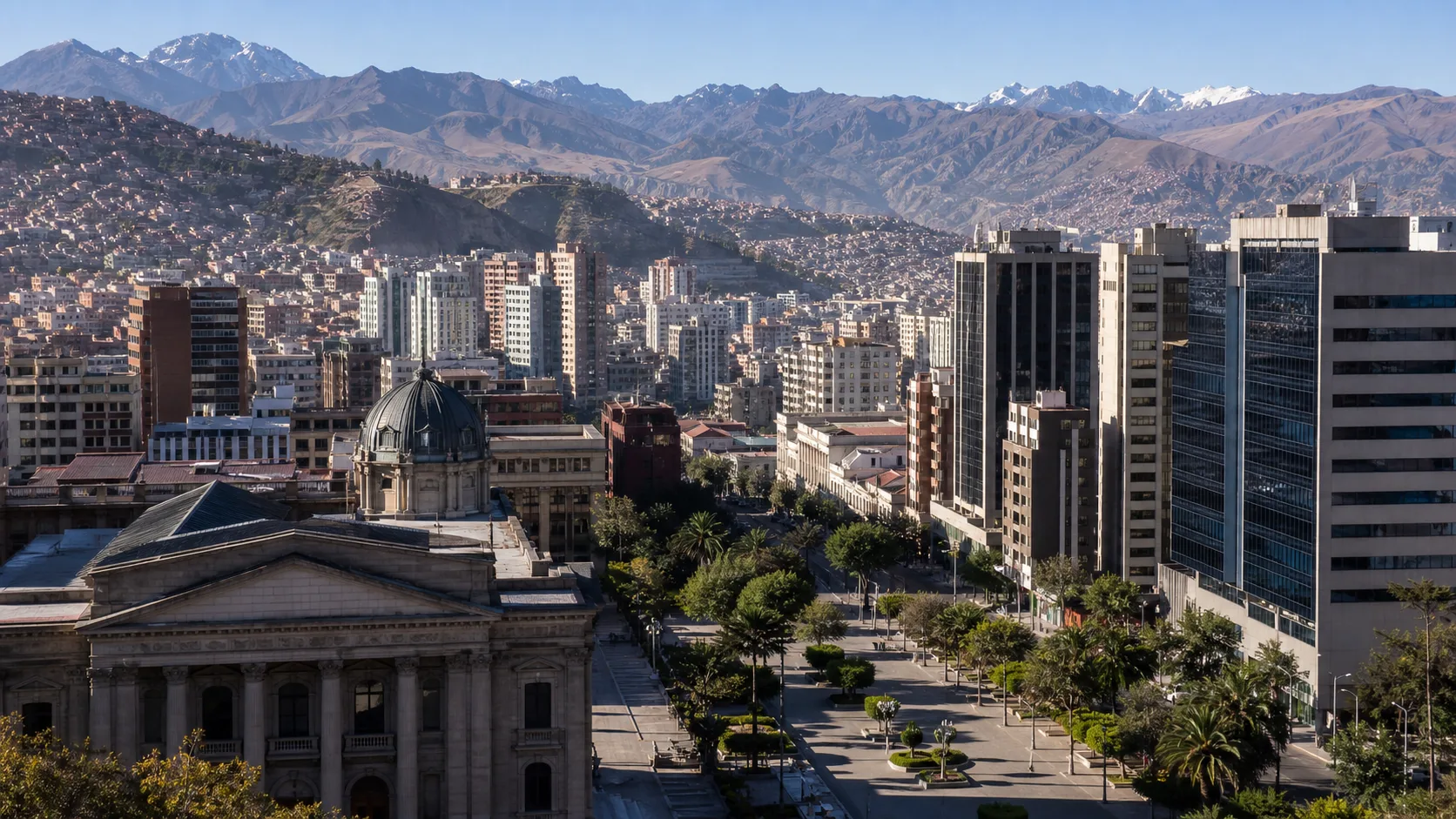AI-generated editorial image of La Paz and the Andes for the Bolivian pension system