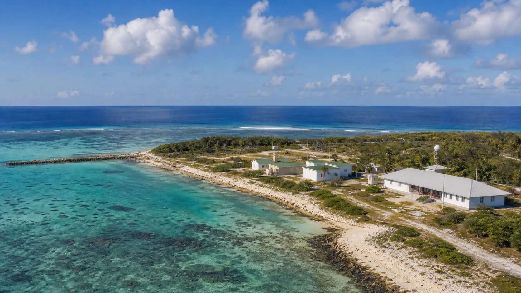 Editorial raster image of an Indian Ocean atoll and administrative buildings for the British Indian Ocean Territory pension system