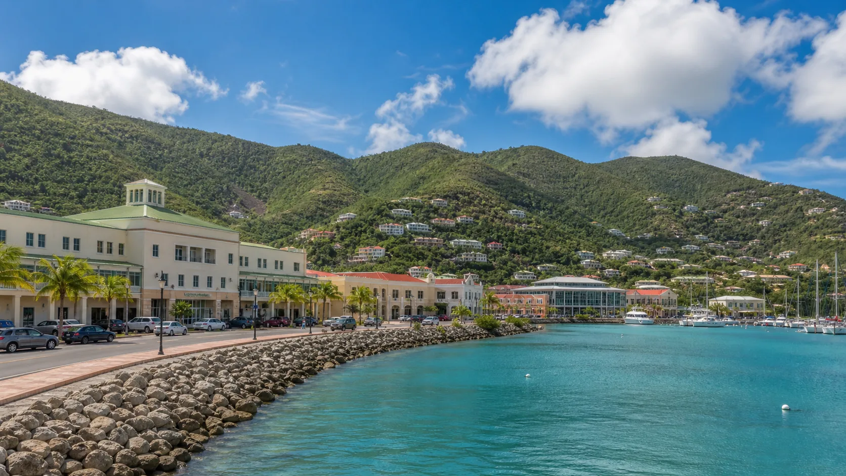 Editorial raster image of Road Town civic waterfront for the British Virgin Islands pension system