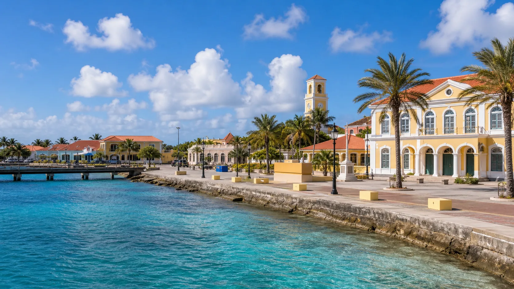 AI-generated editorial image of Kralendijk civic waterfront for the Caribbean Netherlands pension system