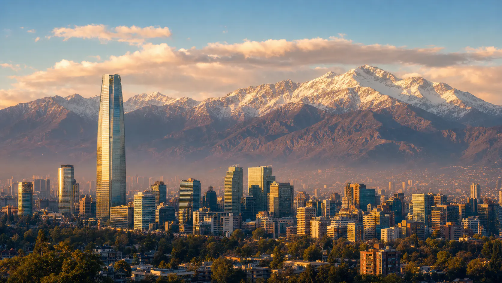 AI-generated editorial image of Santiago and the Andes for the Chilean pension system