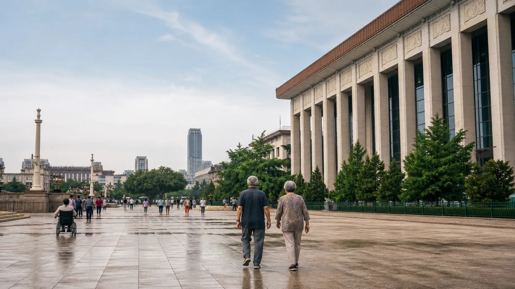 AI-generated editorial image of Beijing civic architecture for the Chinese pension system