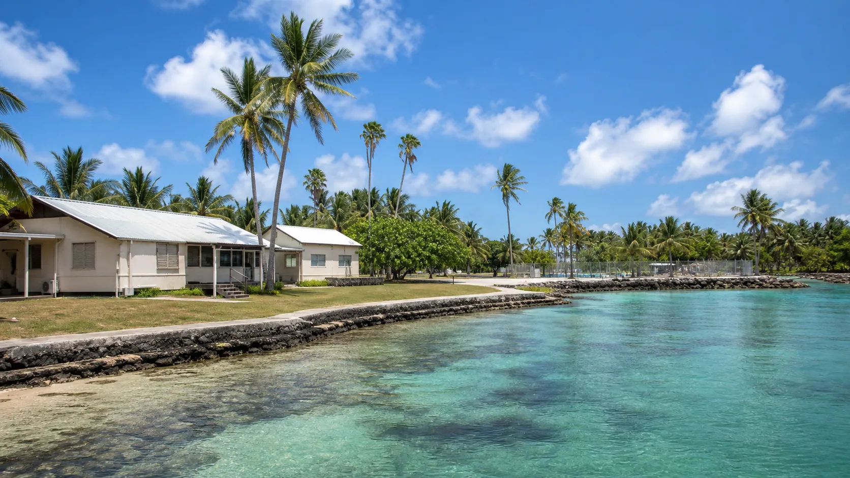 AI-generated editorial image of Cocos Keeling Islands civic lagoon buildings for the Cocos Keeling Islands pension system