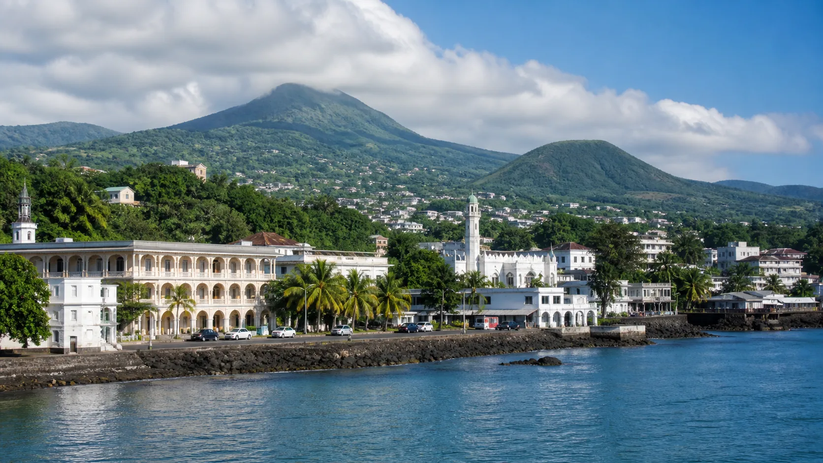 Image editoriale generee par IA du front de mer civique de Moroni pour le systeme de retraite comorien