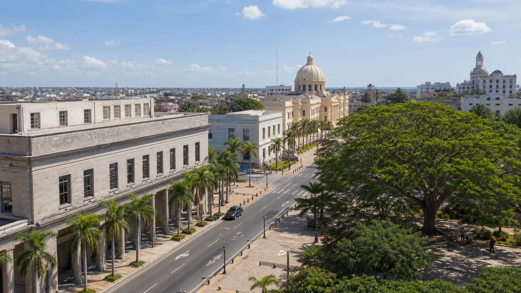 AI-generated editorial image of Santo Domingo civic architecture for the Dominican pension system