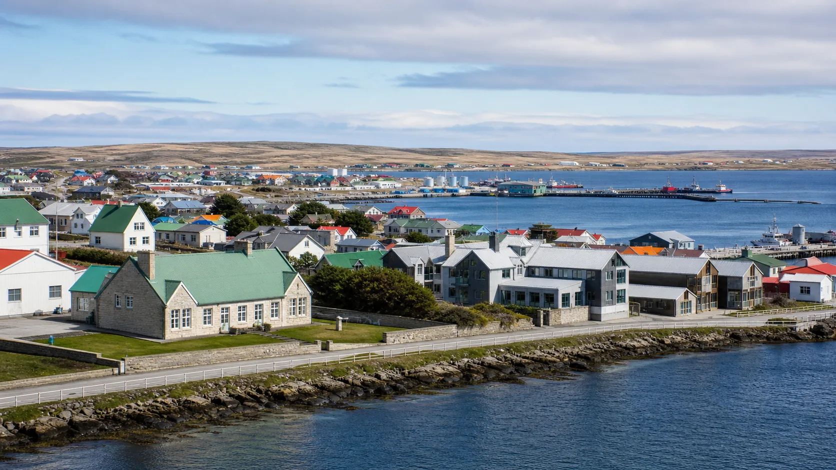 AI-generated editorial image of Stanley civic waterfront for the Falkland Islands pension system