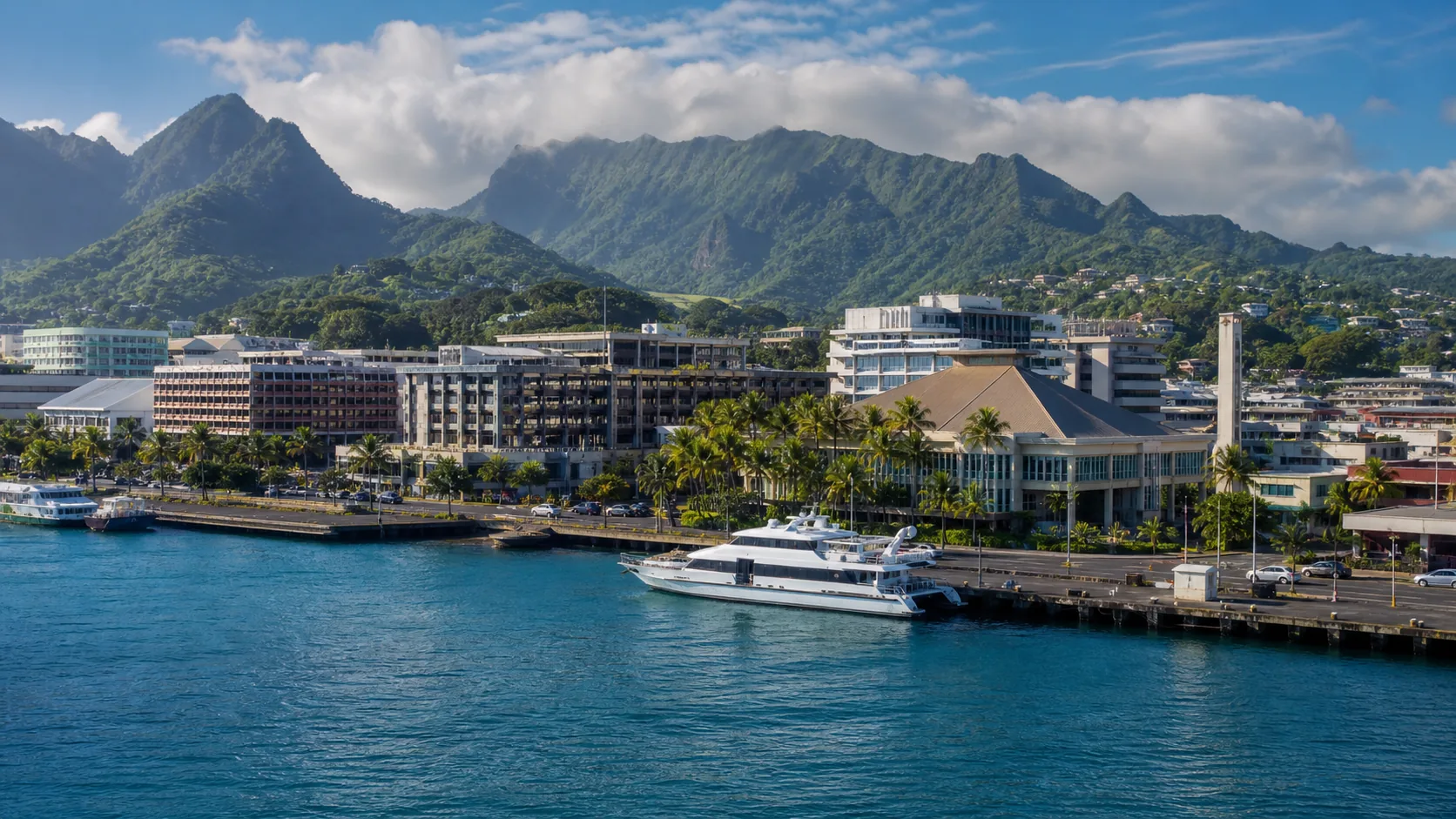Editorial raster image of Papeete civic waterfront for the French Polynesia pension system