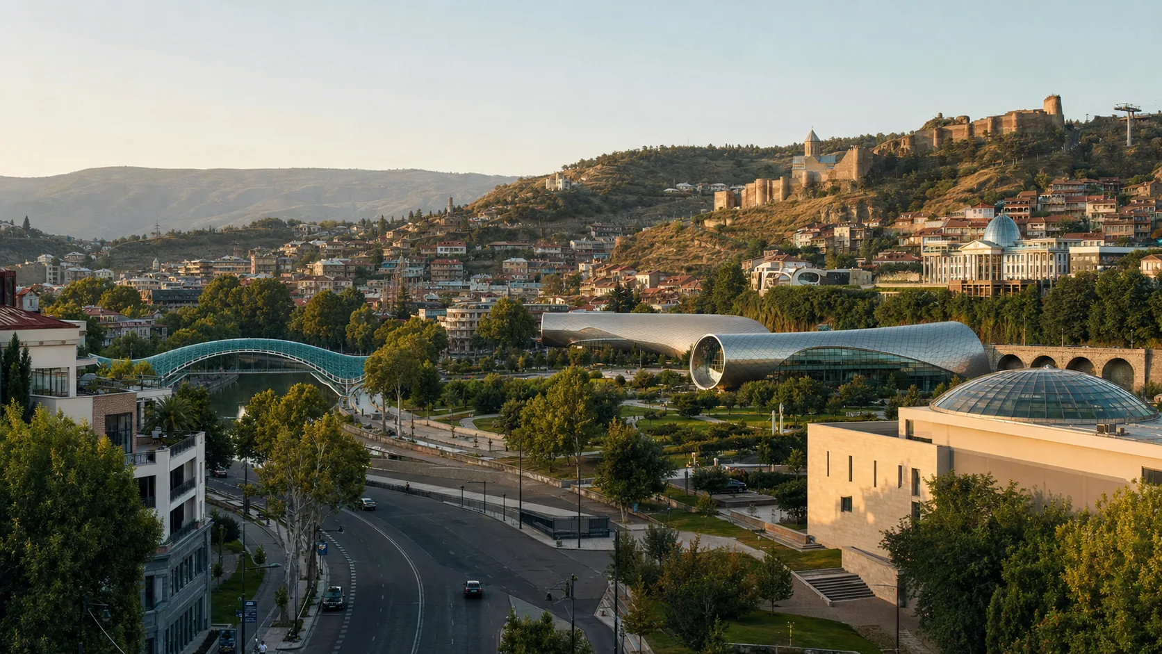 AI-generated editorial image of Tbilisi civic skyline for the Georgian pension system