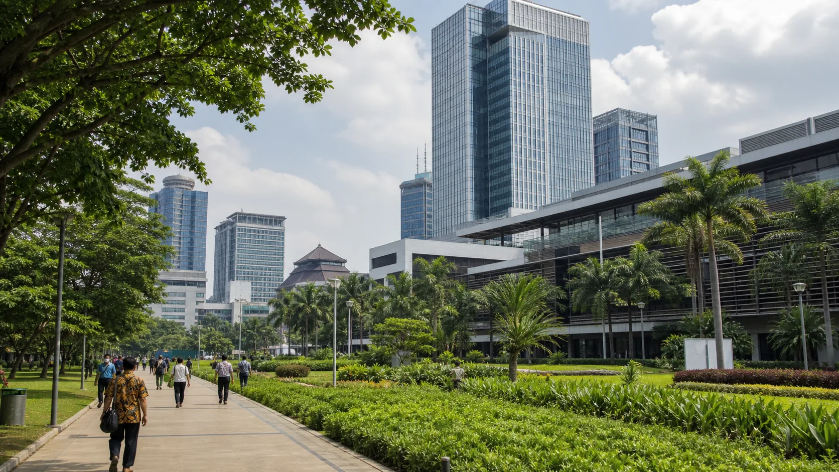 AI-generated editorial image of Jakarta civic offices for the Indonesian pension system