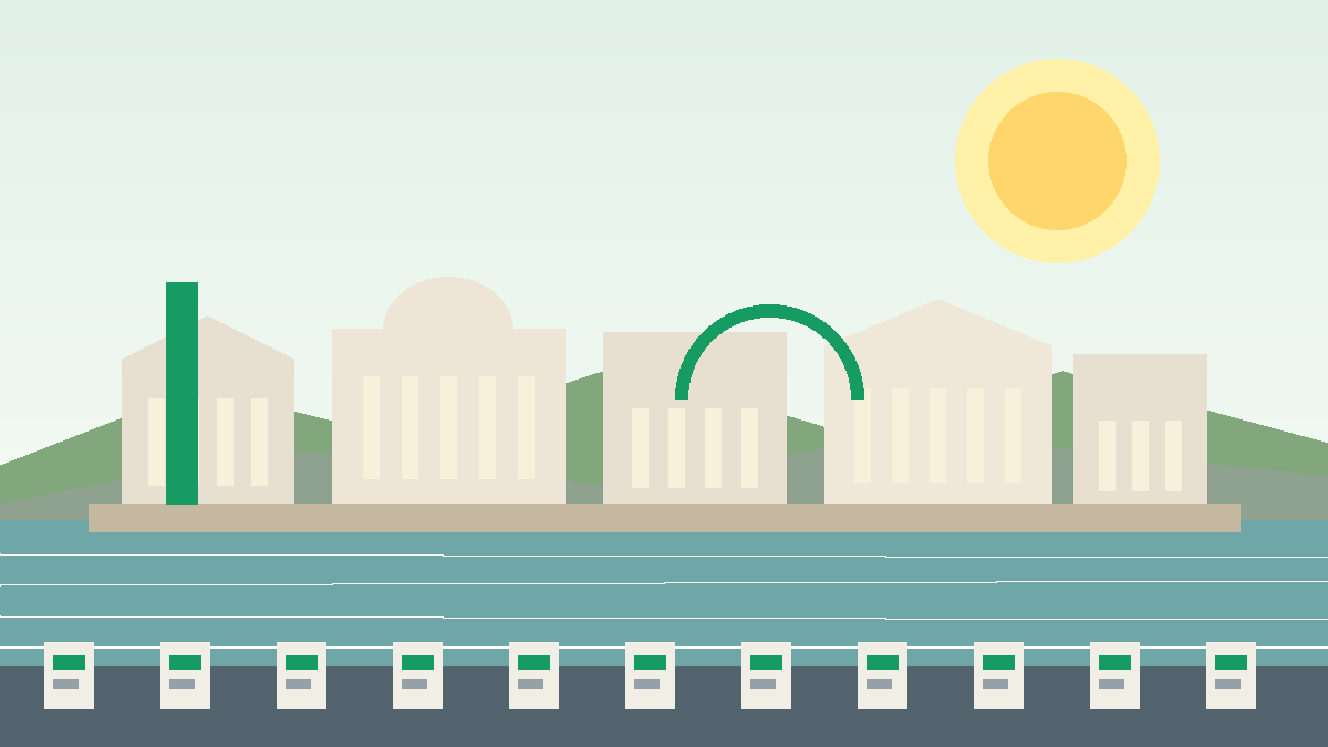 Editorial raster image of Dublin civic buildings and river for the Irish pension system