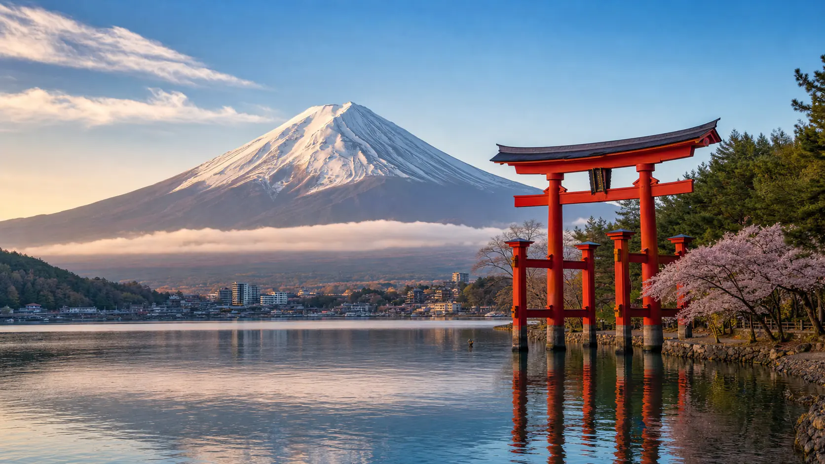 AI-generated editorial image of Mount Fuji and a torii gate for the Japanese pension system