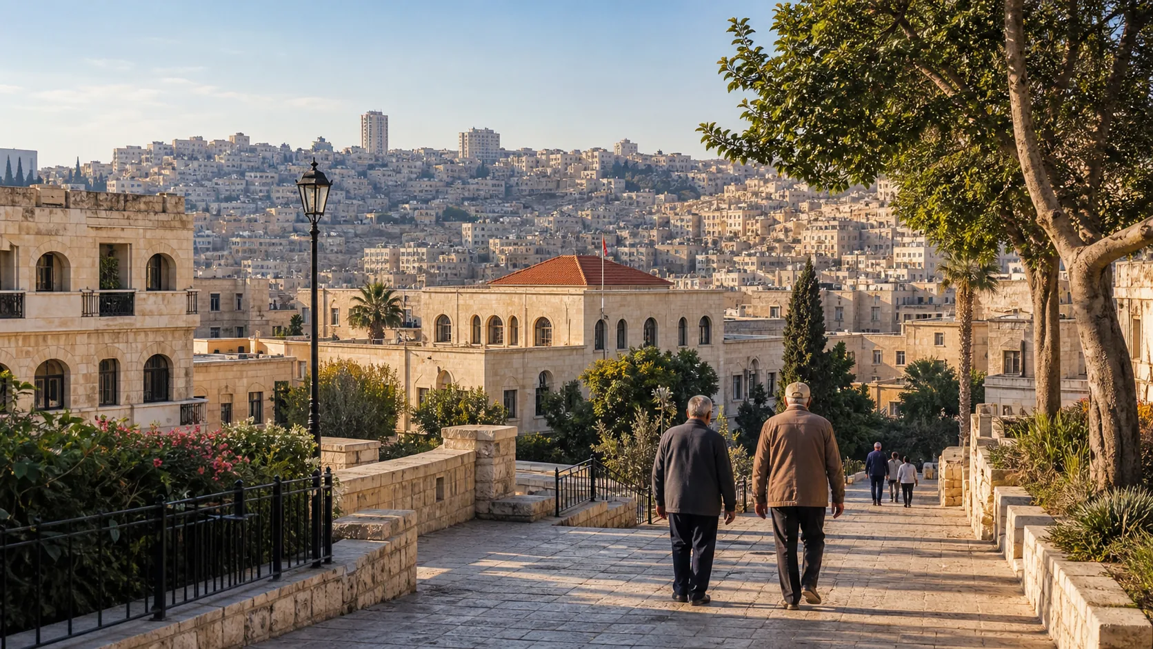 AI-generated editorial image of Amman civic streets for the Jordanian pension system