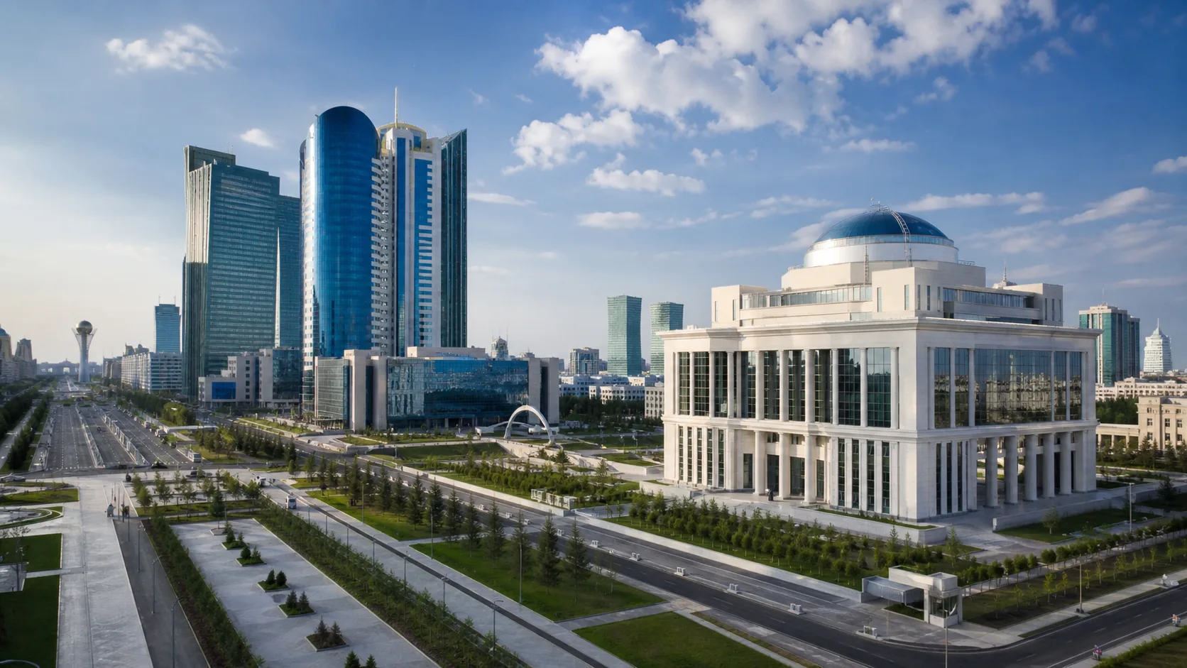 AI-generated editorial image of Astana civic and financial district for the Kazakh pension system