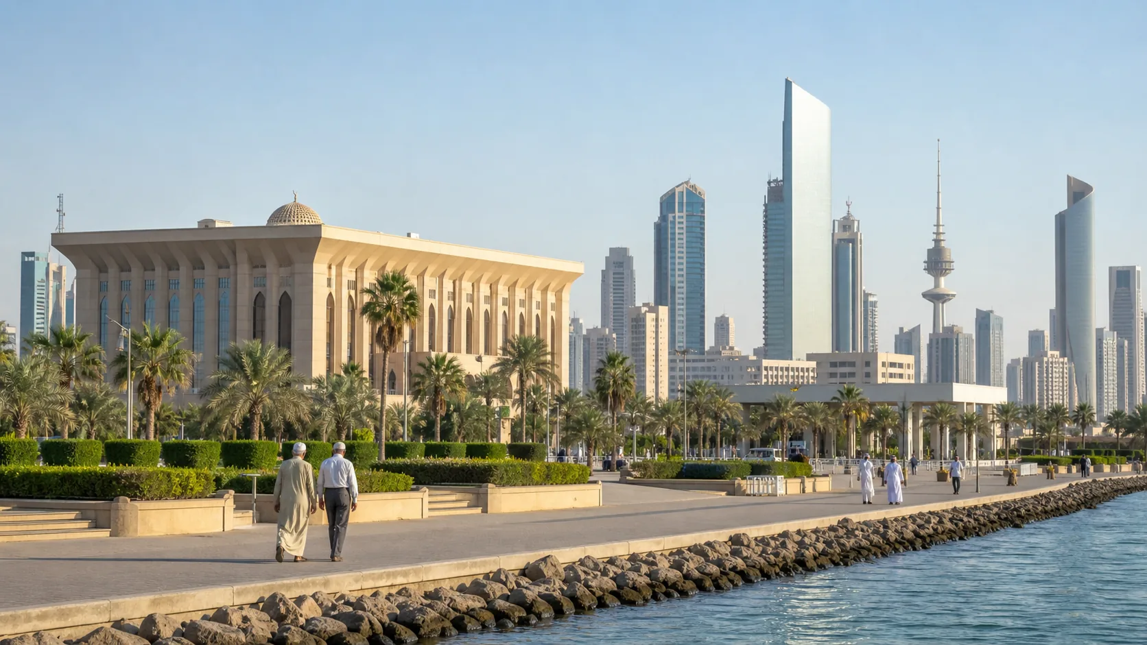 AI-generated editorial image of Kuwait City civic waterfront for the Kuwaiti pension system