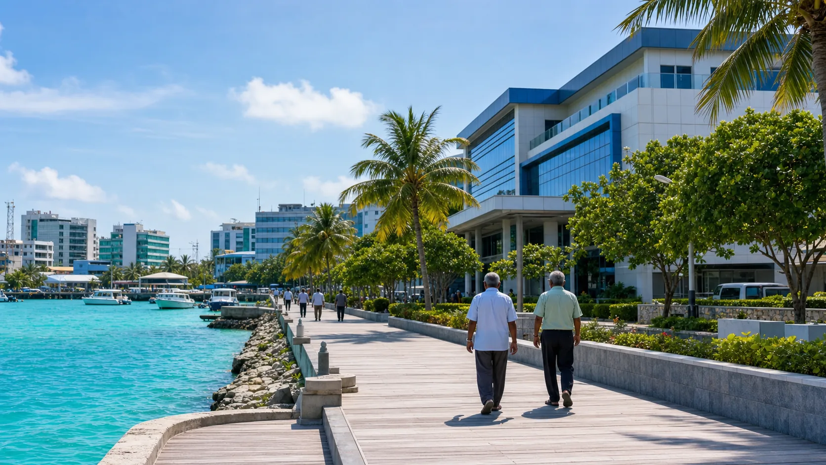 AI-generated editorial image of Male civic waterfront for the Maldivian pension system
