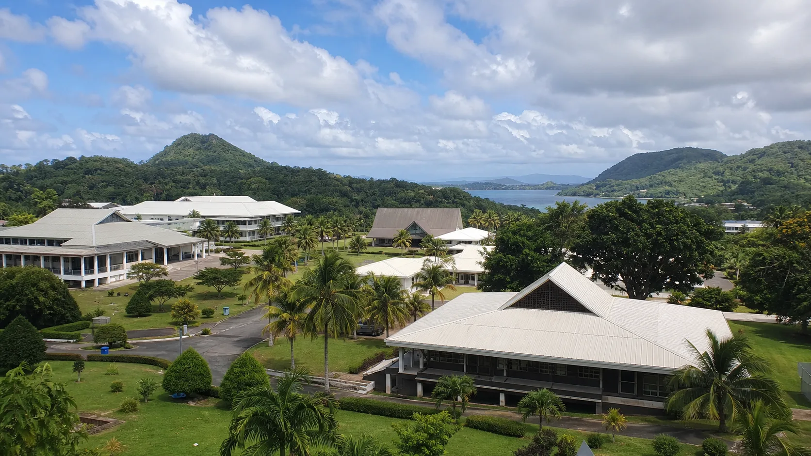 AI-generated editorial image of Pohnpei civic buildings and hills for the Micronesian pension system