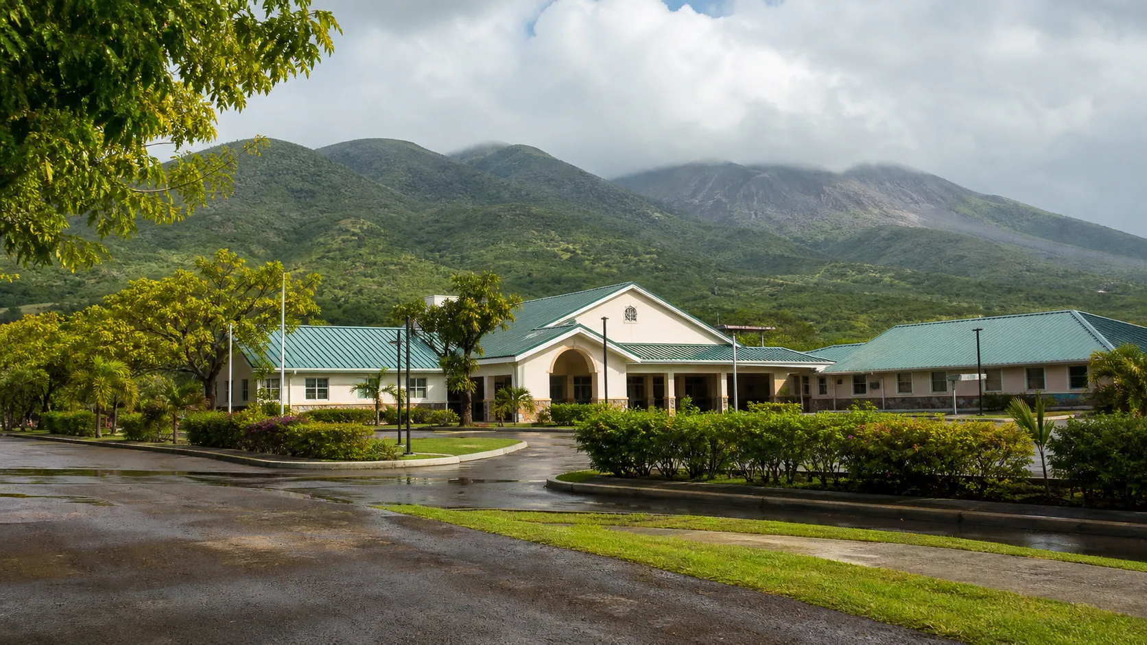 Editorial raster image of Montserrat public buildings and hills for the Montserrat pension system