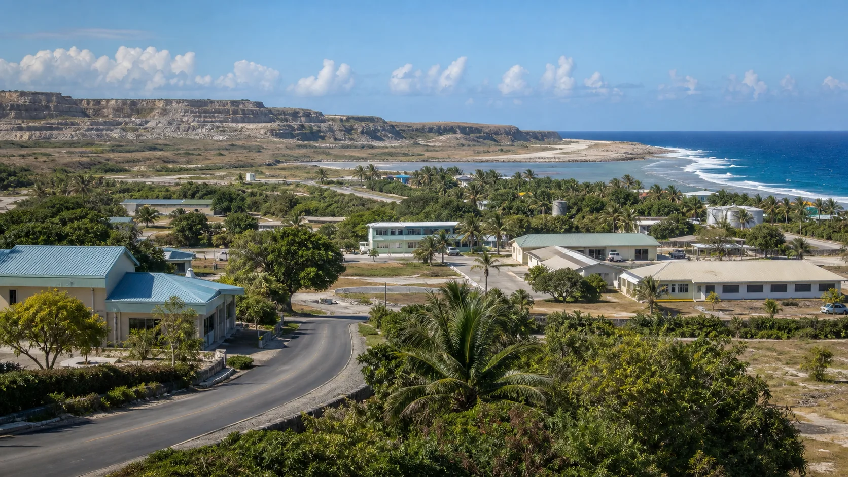 Image editoriale generee par IA de batiments civiques de Yaren pour le systeme de retraite nauruan