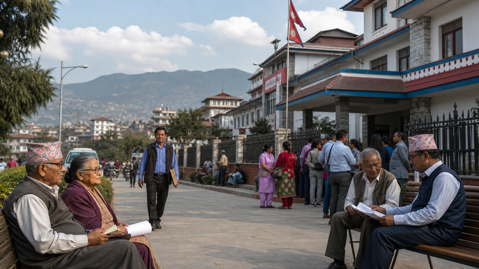 Editorial raster image of Kathmandu civic buildings for the Nepali pension system