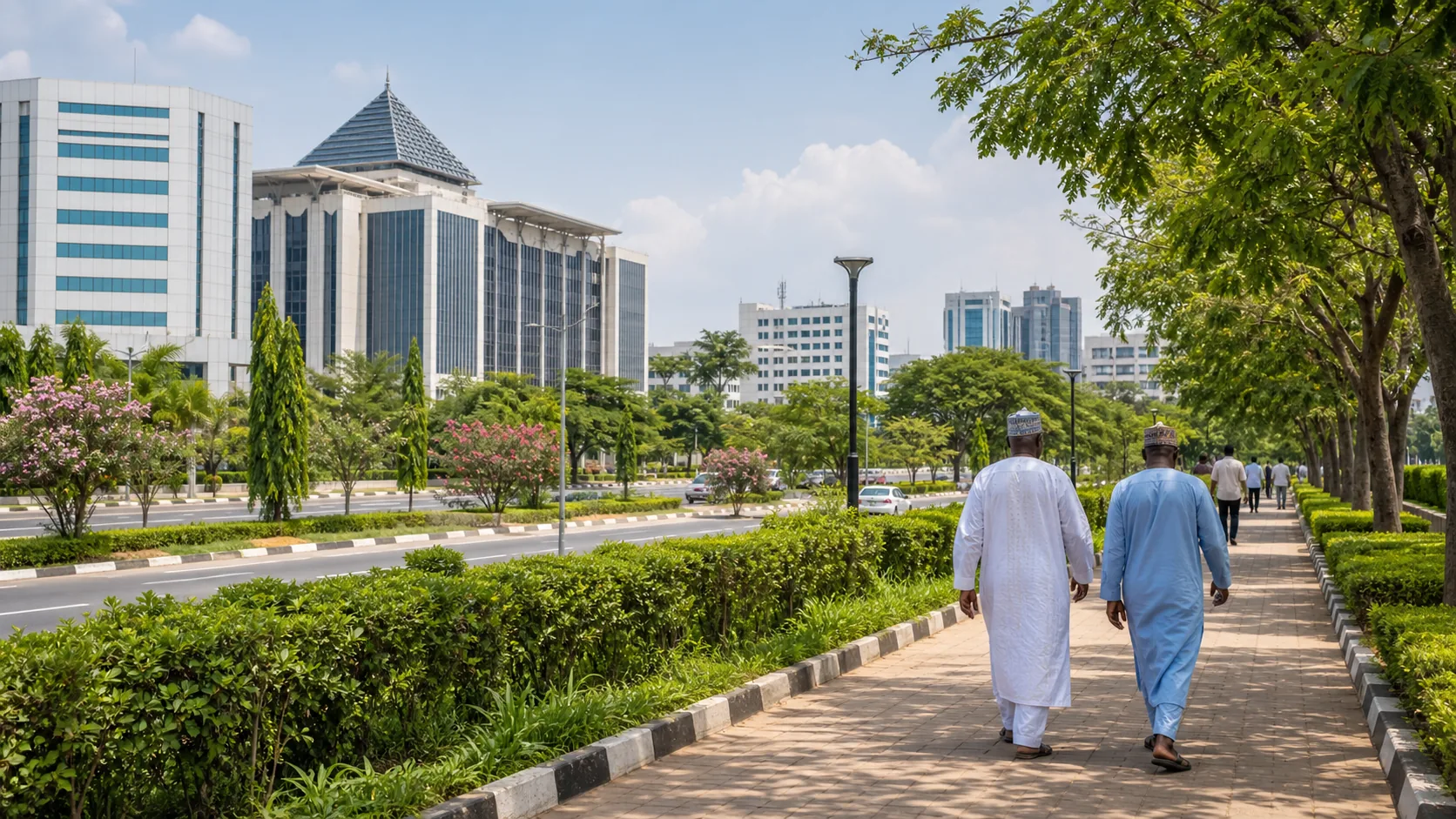 AI-generated editorial image of Abuja civic buildings for the Nigerian pension system