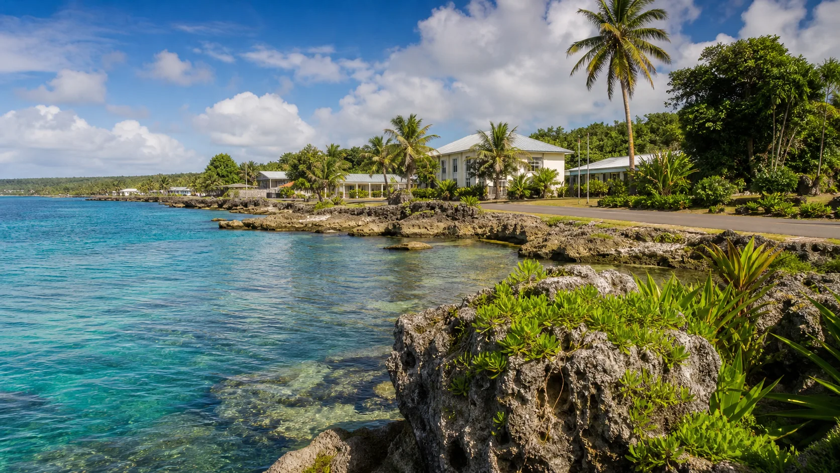 Editorial raster image of Niue coastline and civic buildings for the Niue pension system