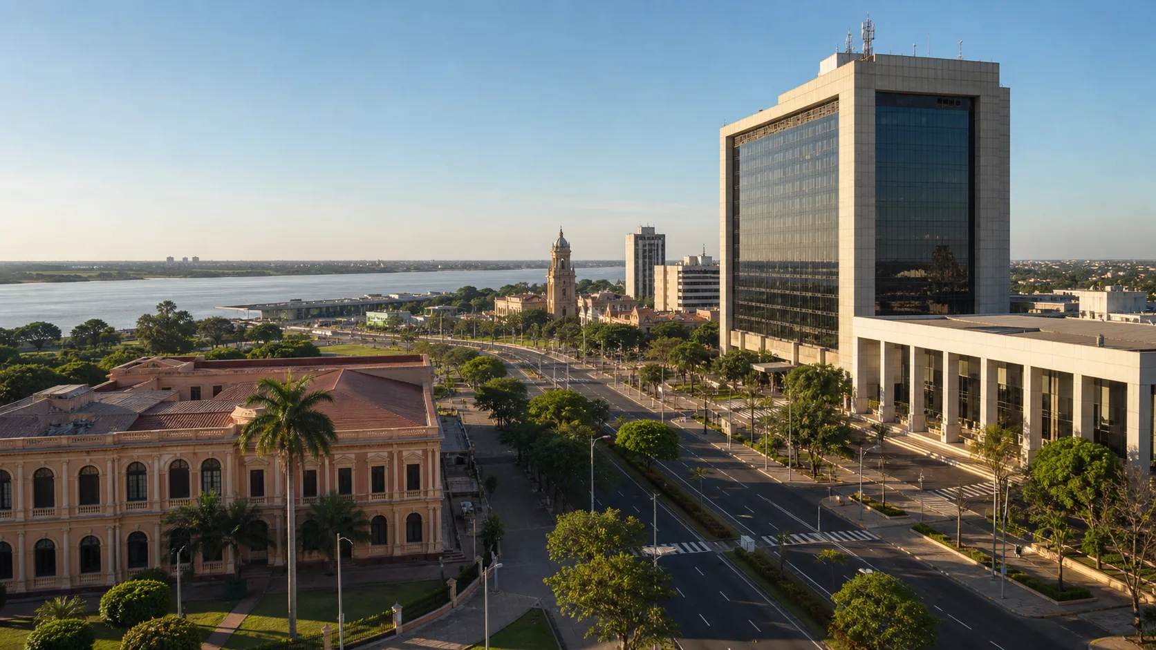 AI-generated editorial image of Asuncion civic buildings for the Paraguayan pension system