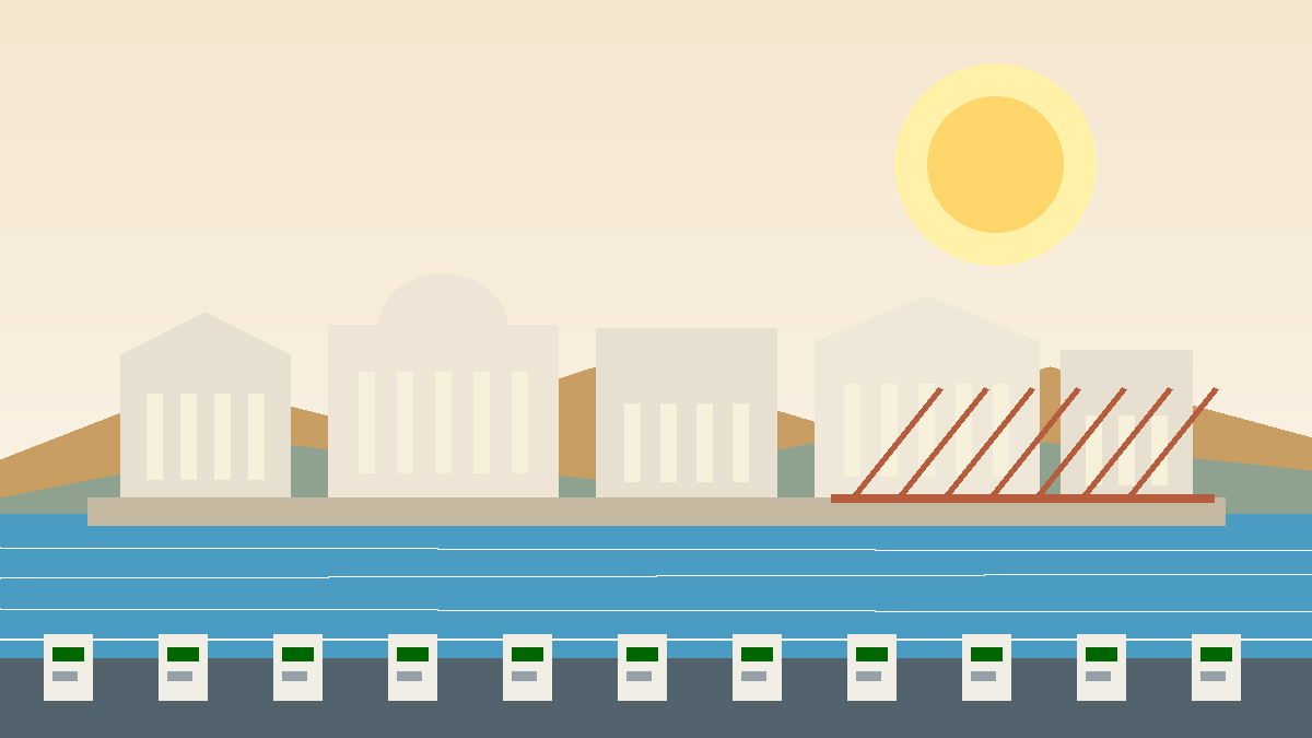 Editorial raster image of Lisbon civic buildings and riverfront for the Portuguese pension system