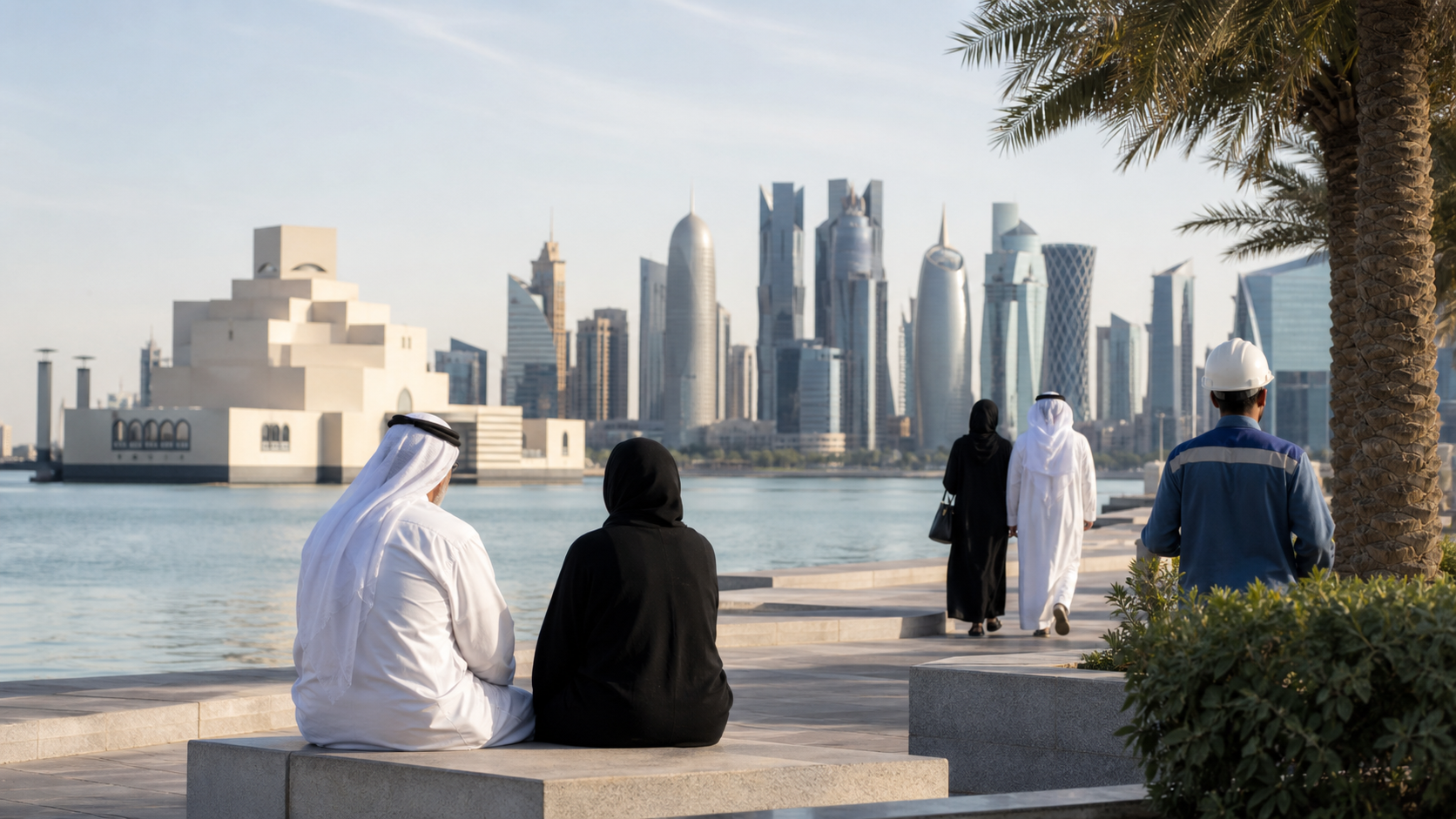 Editorial raster image of Doha civic waterfront for the Qatari pension system