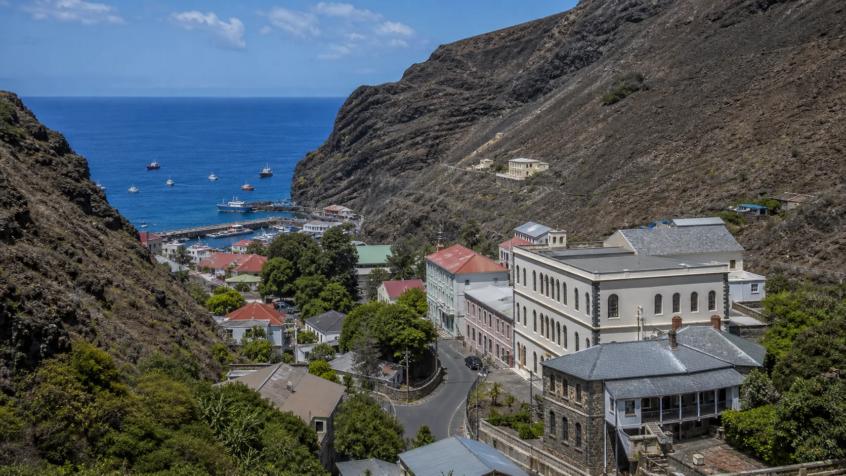 AI-generated editorial image of Jamestown civic buildings for the Saint Helena pension system