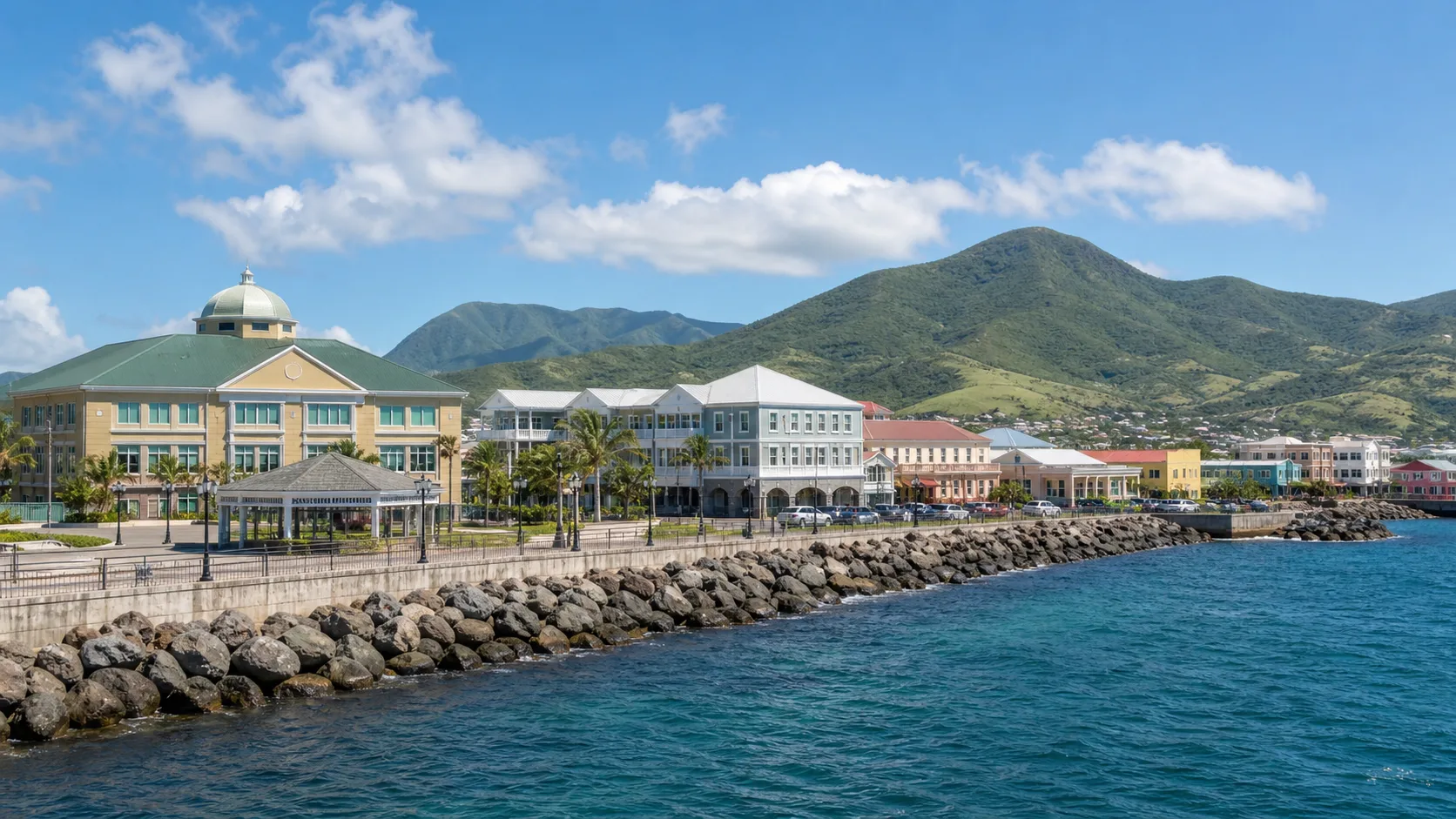 AI-generated editorial image of Basseterre civic waterfront for the Saint Kitts and Nevis pension system