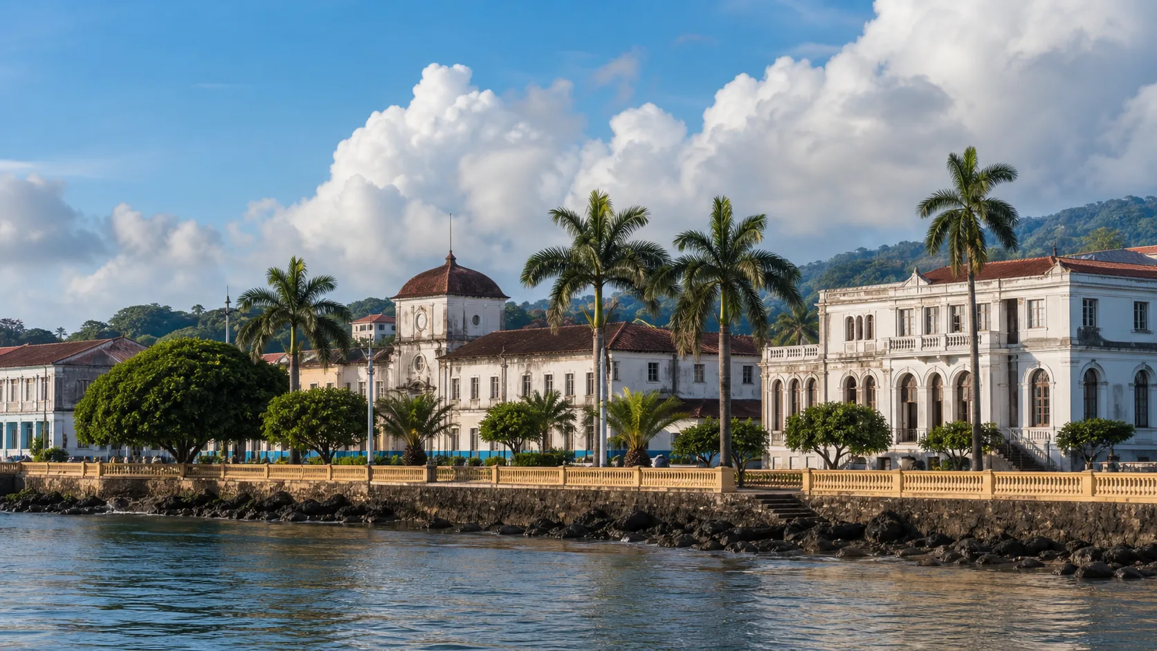 Image editoriale generee par IA du front de mer civique de Sao Tome pour le systeme de retraite de Sao Tome-et-Principe