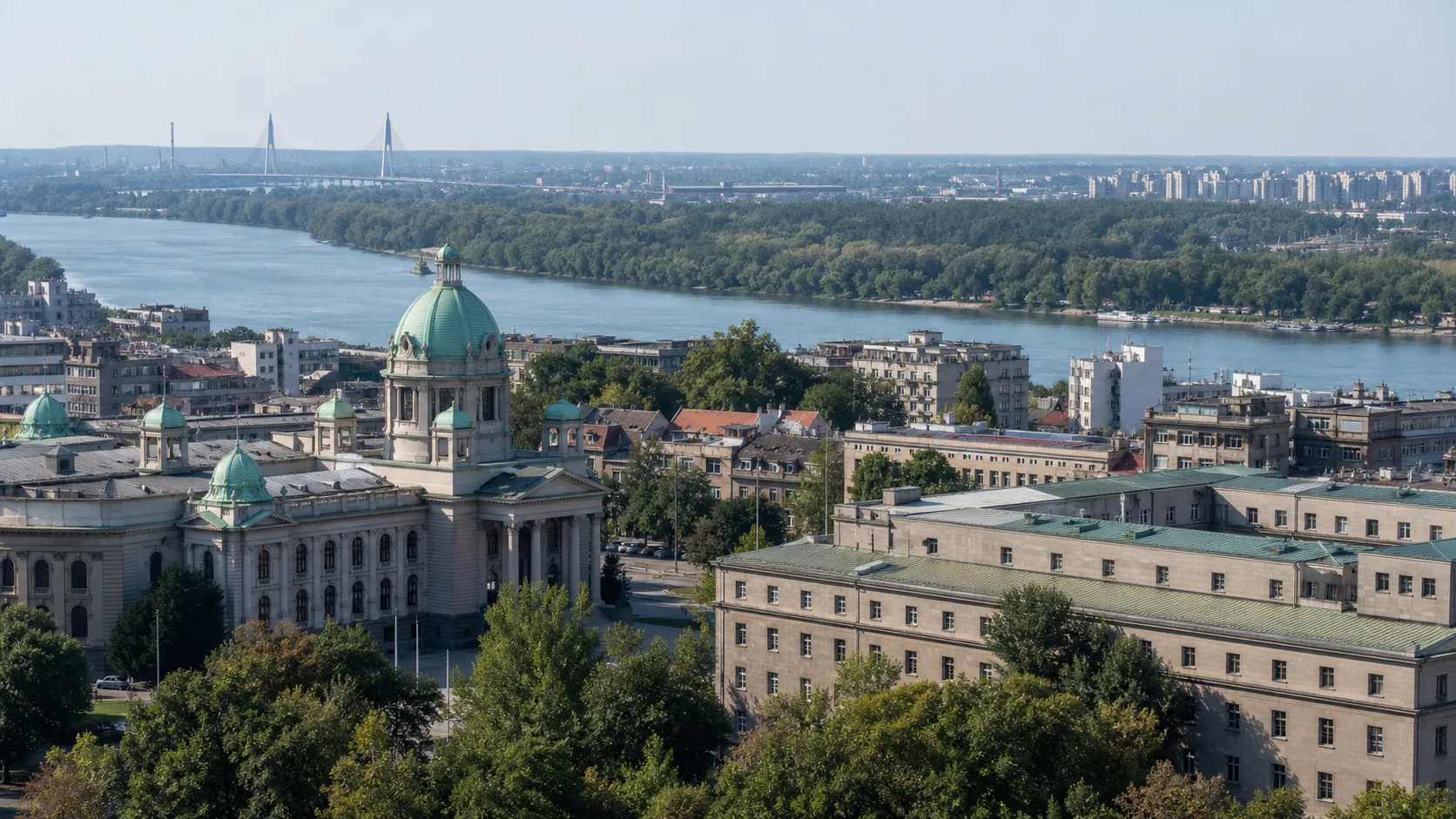 AI-generated editorial image of Belgrade civic buildings for the Serbian pension system