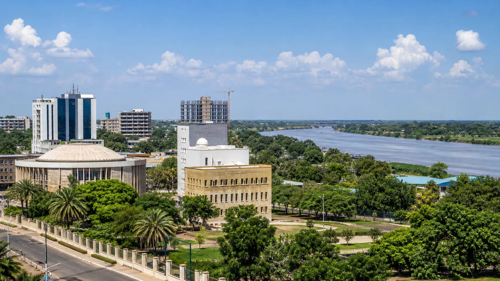 AI-generated editorial image of Juba civic district for the South Sudan pension system