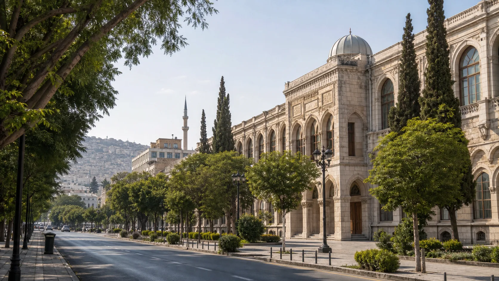 AI-generated editorial image of Damascus civic architecture for the Syrian pension system