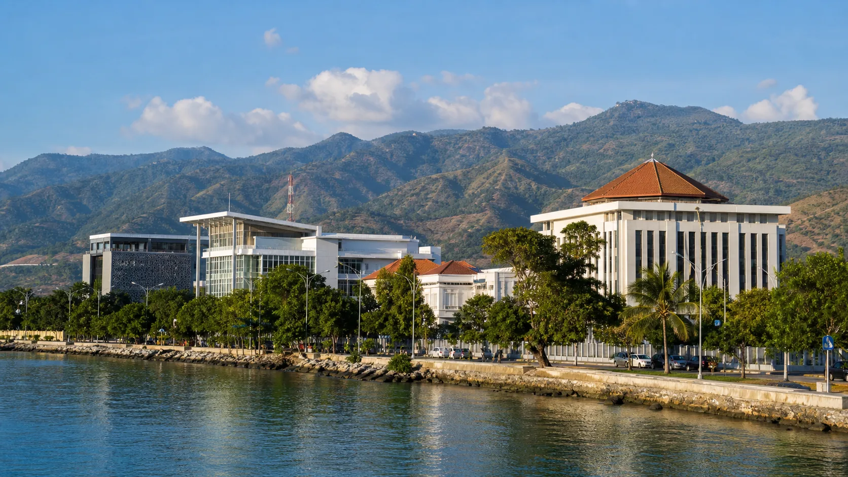 AI-generated editorial image of Dili civic waterfront for the Timor-Leste pension system