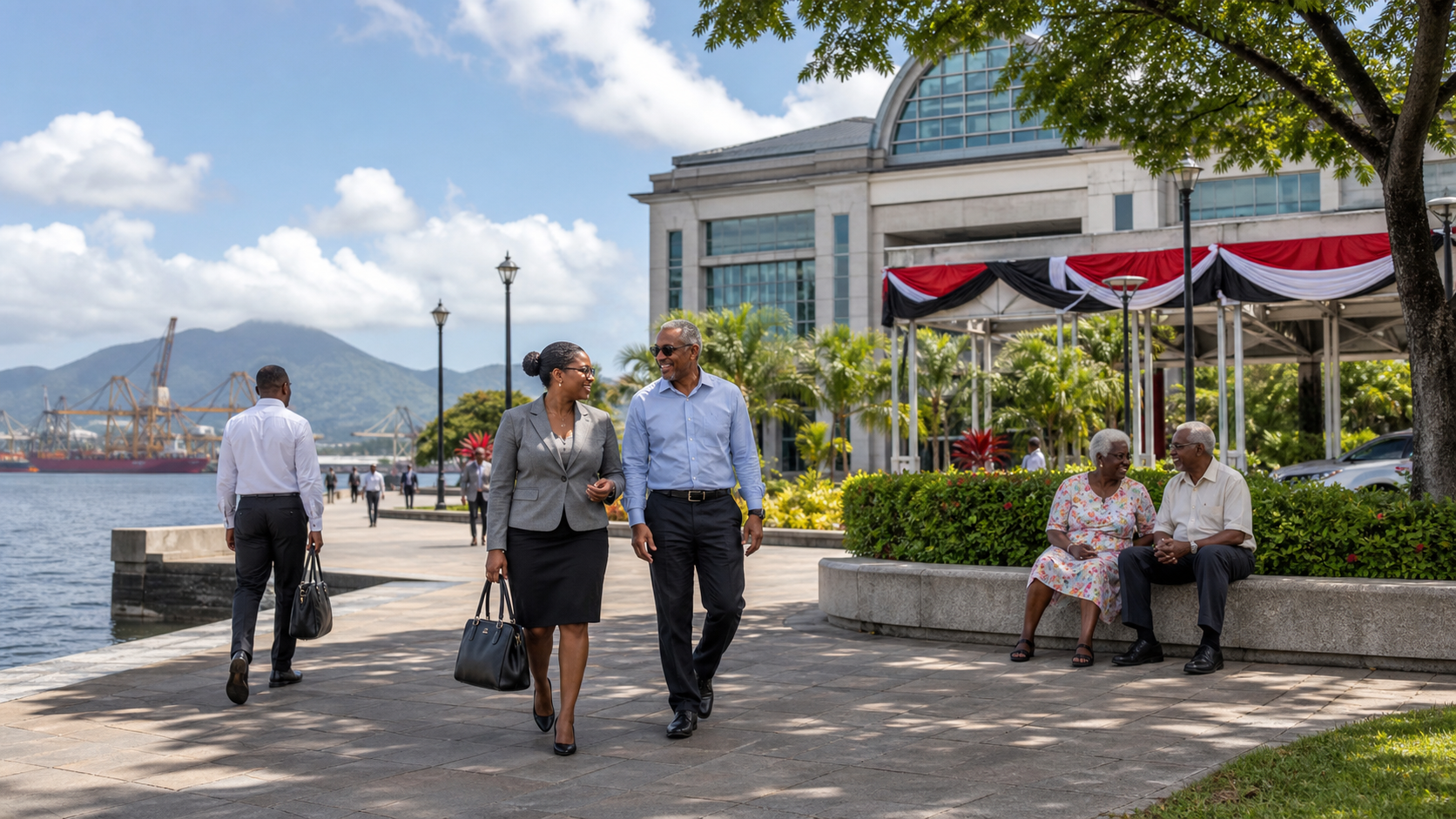 Editorial raster image of Port of Spain civic waterfront for the Trinidad and Tobago pension system