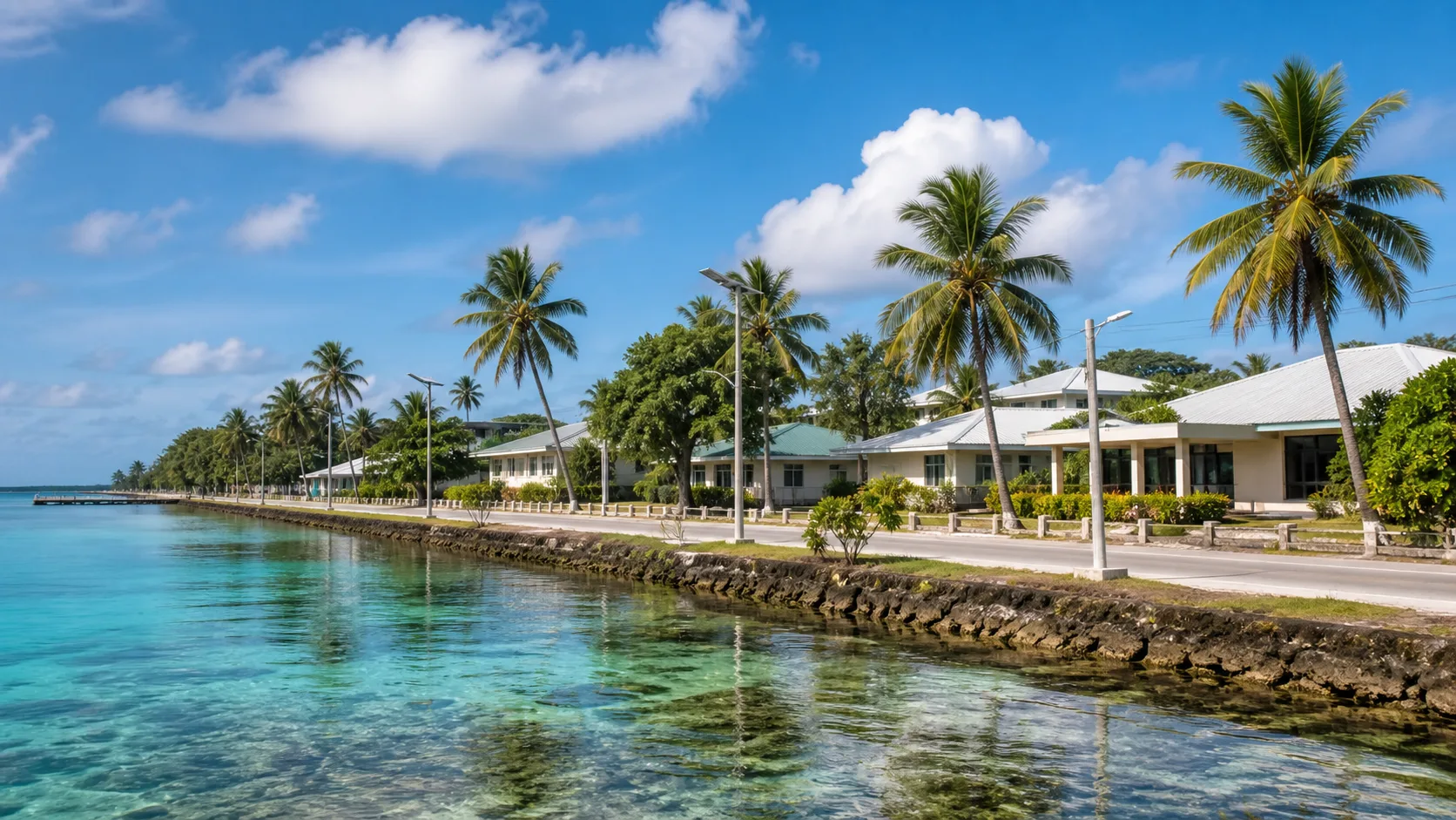 Image editoriale generee par IA du front de mer civique de Funafuti pour le systeme de retraite de Tuvalu