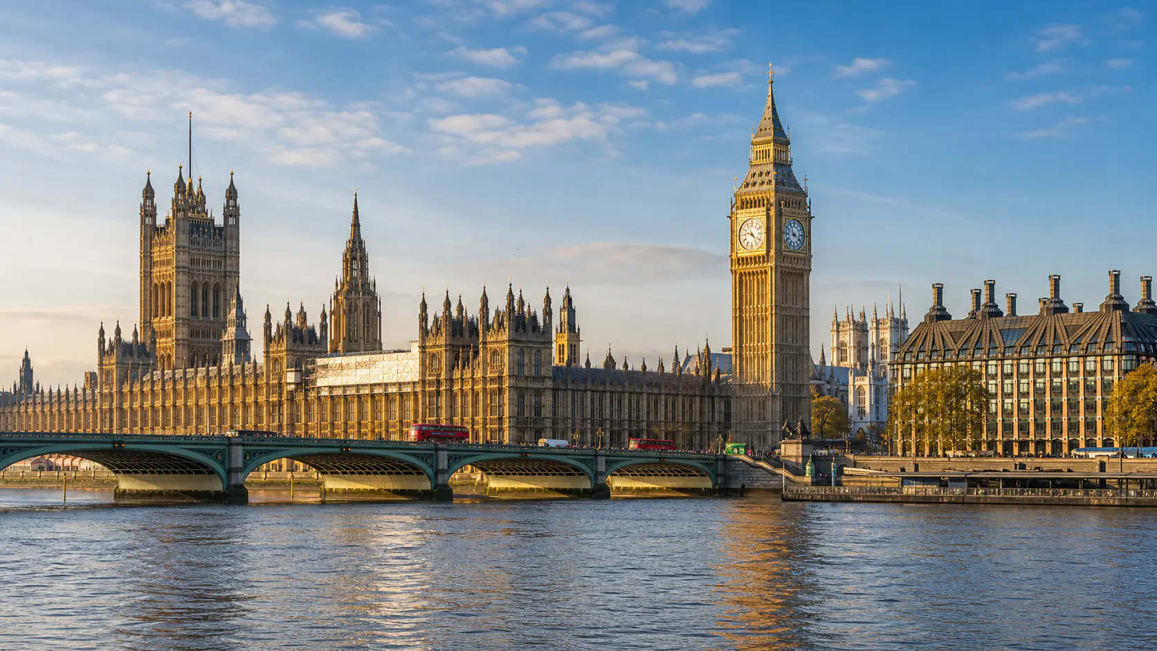 AI-generated editorial image of Westminster and the River Thames for the UK pension system