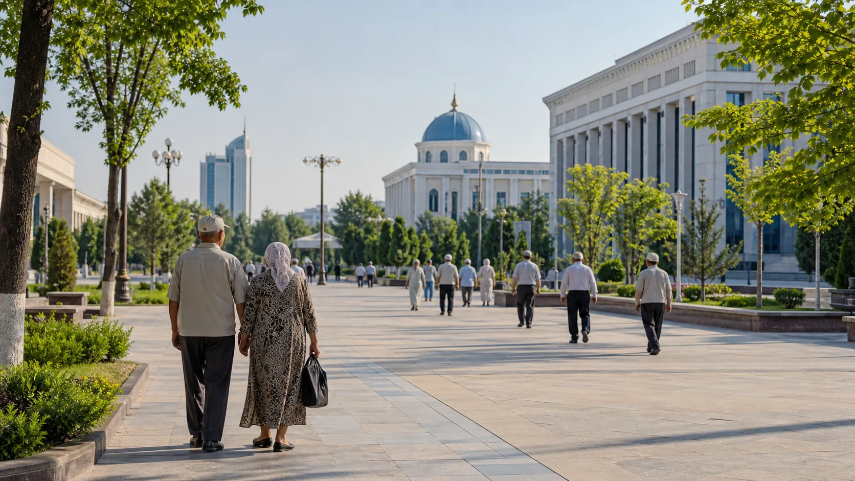 AI-generated editorial image of Tashkent civic architecture for the Uzbek pension system