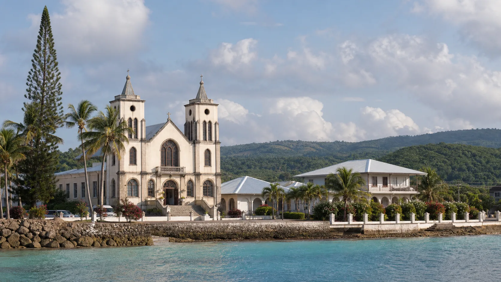 AI-generated editorial image of Mata-Utu civic waterfront for the Wallis and Futuna pension system